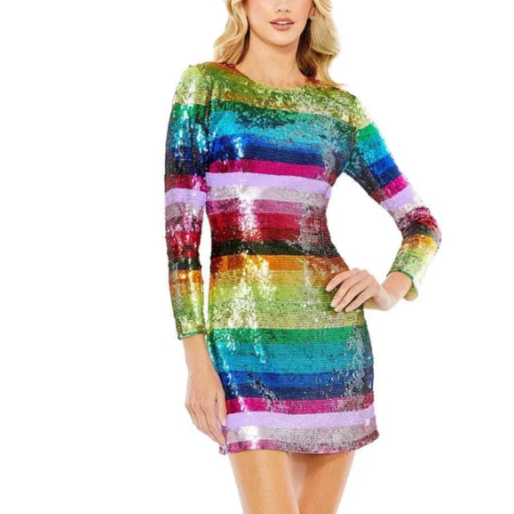 NWT MAC DUGGAL -93724 - Rainbow Striped Cocktail Sequins Dress Size 6